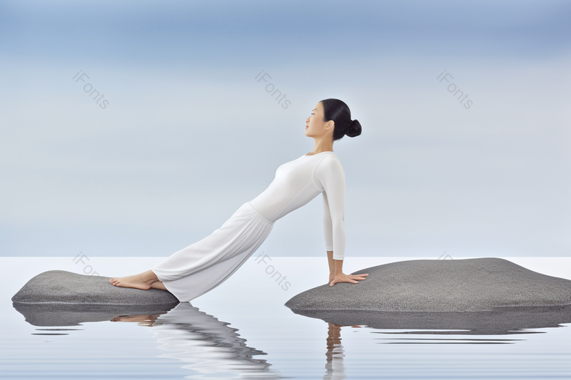 白衣女人反撑在水面两块石头上做瑜伽运动训练健身实拍,高清,摄影图,摄影图片,图片大全,摄影图免费下载